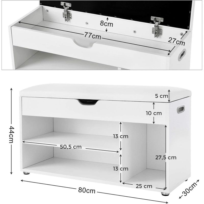 Casa si Gradina - Mobilier - Dulapuri si sifoniere - Dulapuri pantofi - Pantofar cu banca, capitonata, 3 compartimente, sarcina 150 kg, 30x80x44cm, modern, alb - Infinity.ro