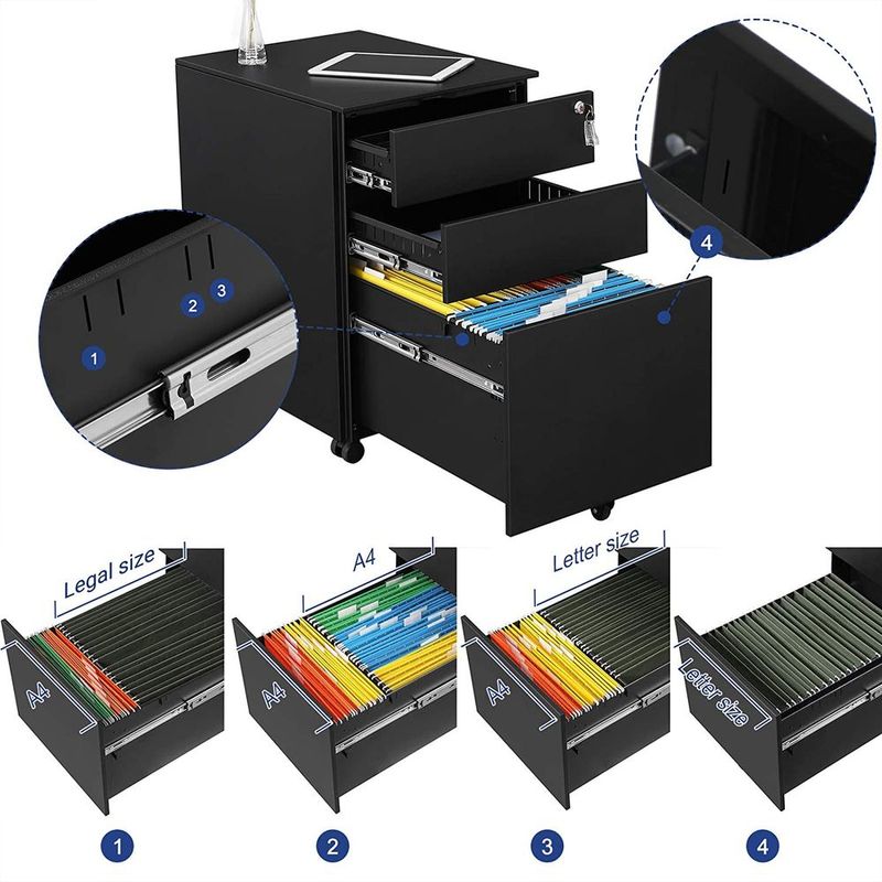 Casa si Gradina - Mobilier - Mese si birouri - Birouri - Dulap mobil tip rollbox pentru birouri, din otel, sertar cu sina dosare A4, 39x52x60 cm, negru - Infinity.ro