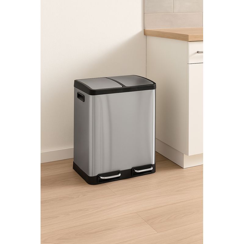 Casa si Gradina - Mobilier - Organizare si depozitare - Cosuri de gunoi - Cos de gunoi Ariane cu pedala, din inox, colectare selectiva, 2 x 30L, 49x40x67 cm, argintiu - Infinity.ro