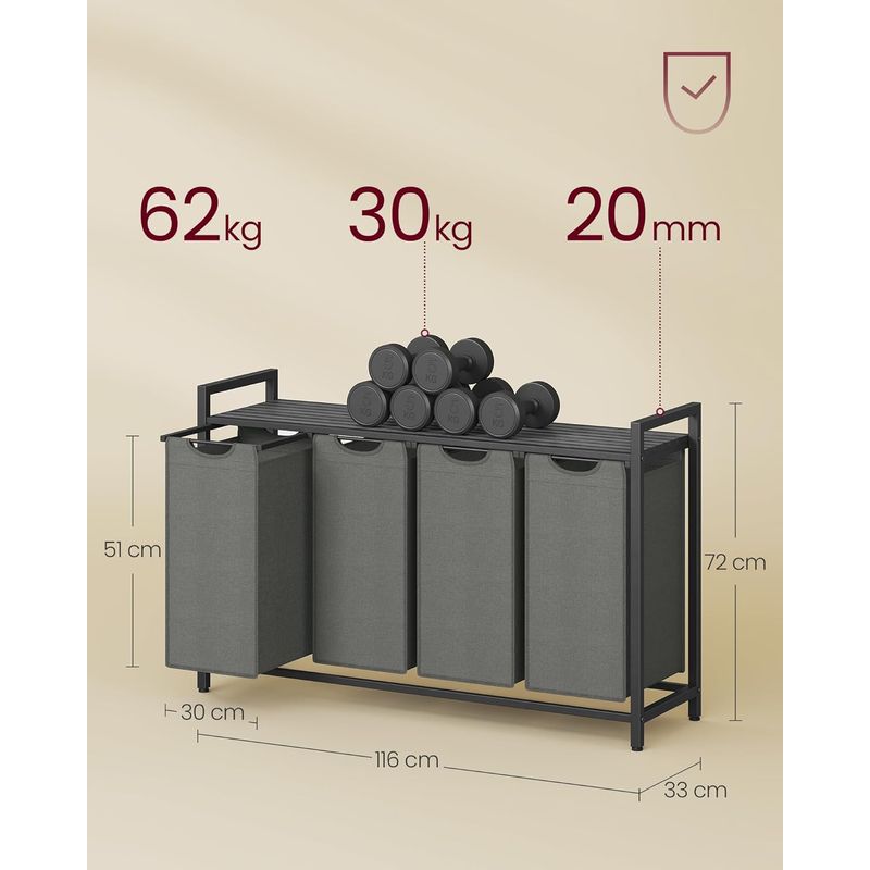 Market - Spalare si intretinere rufe - Uscatoare de rufe si accesorii - Cos rufe 4x40L, saci detasabili, raft superior si cadru metalic, 116x33x72 cm, negru si gri - Infinity.ro