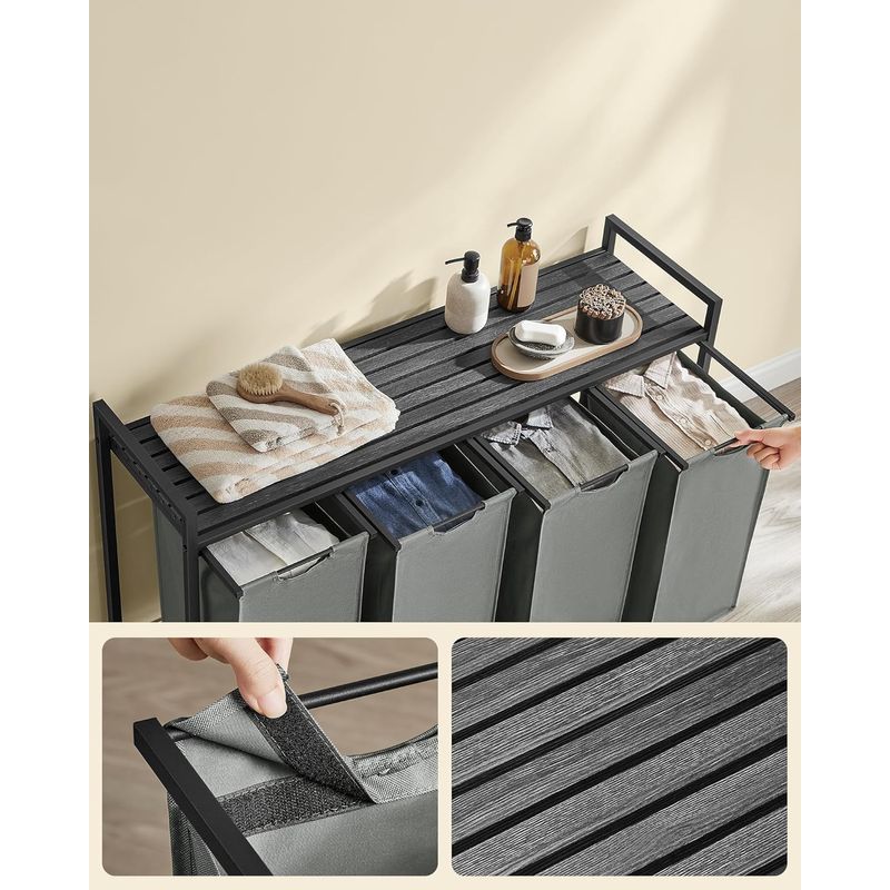 Market - Spalare si intretinere rufe - Uscatoare de rufe si accesorii - Cos rufe 4x40L, saci detasabili, raft superior si cadru metalic, 116x33x72 cm, negru si gri - Infinity.ro