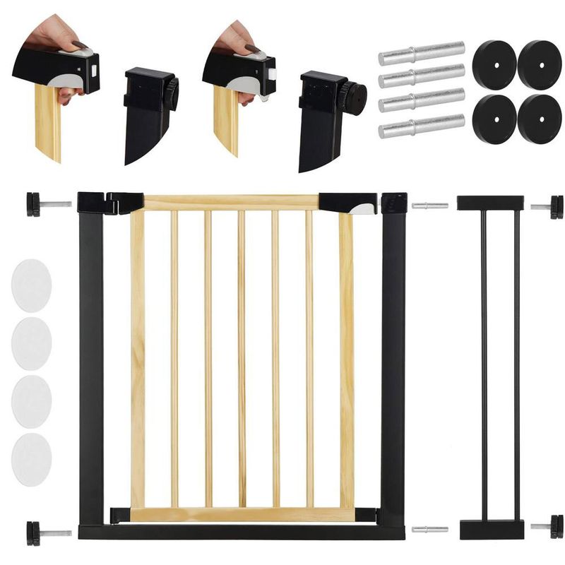 Petshop - Accesorii petshop - Jucarii animale - Jucarii educative - Poarta de siguranta Safety Gate pentru scari, ajustabila, din lemn cu structura otel, 89-96cm, negru maro - Infinity.ro