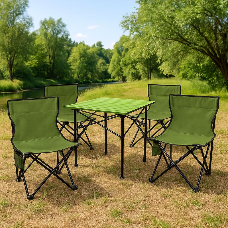 Casa si Gradina - Gradina si terasa - Mobilier exterior - Seturi mobila gradina - Set camping 5 in 1 cu masa si 4 scaune pliabile, structura otel si blat aluminiu, 53x52x50 cm, verde - Infinity.ro