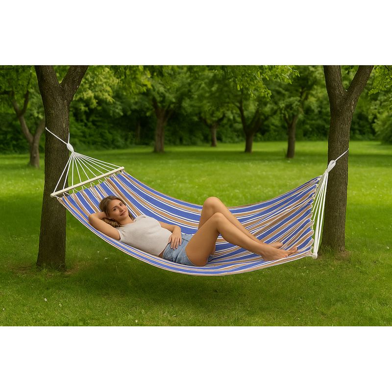 Casa si Gradina - Gradina si terasa - Balansoare si hamace - Balansoare - Hamac gradina cu bara din lemn, material textil, 120 kg, 200x100 cm, albastru si maro - Infinity.ro
