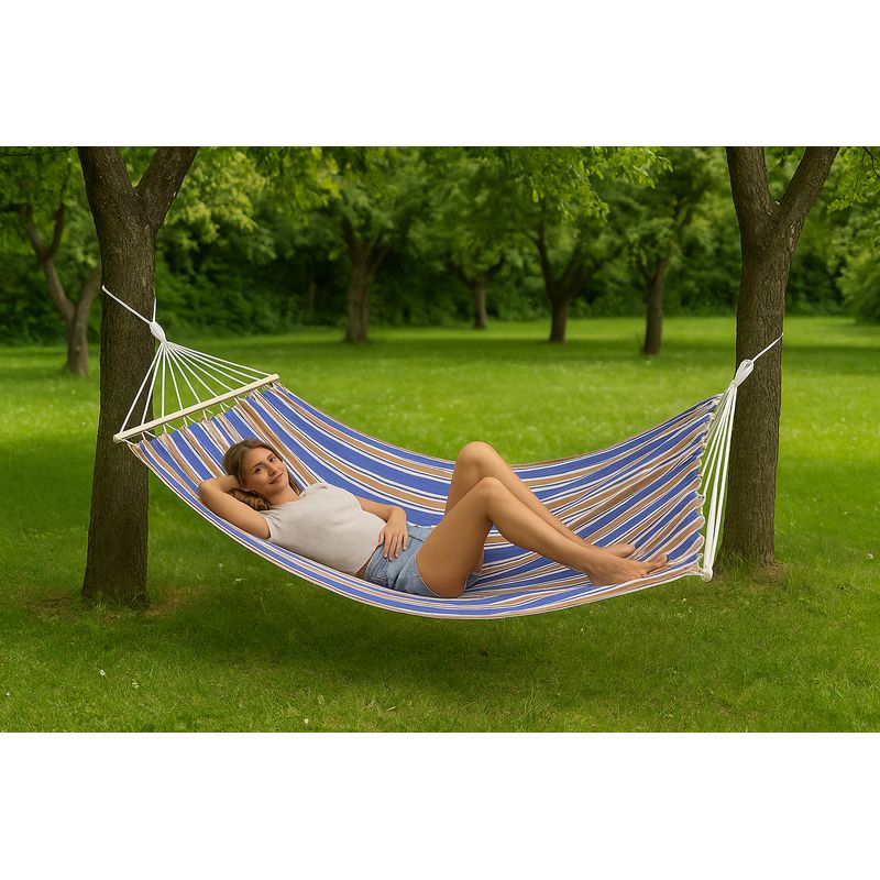 Casa si Gradina - Gradina si terasa - Balansoare si hamace - Balansoare - Hamac dublu cu bare din lemn, pentru 2 persoane, bumbac, 150kg, 200x150 cm, albastru si maro - Infinity.ro