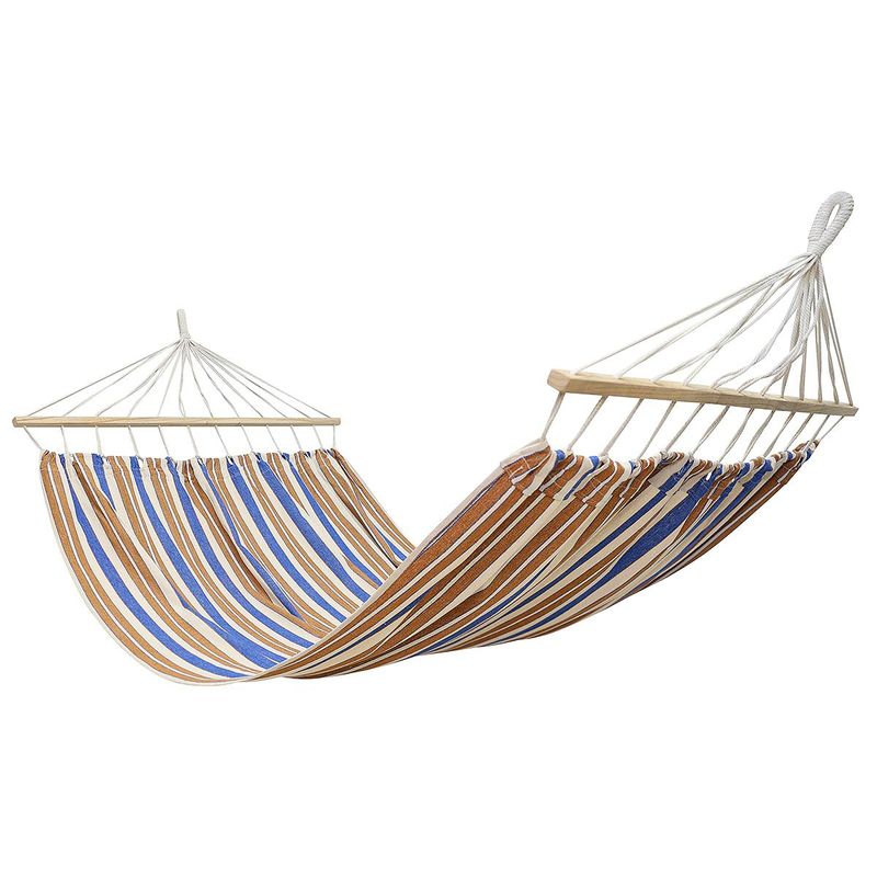 Casa si Gradina - Gradina si terasa - Balansoare si hamace - Balansoare - Hamac dublu cu bare din lemn, pentru 2 persoane, bumbac, 150kg, 200x150 cm, albastru si maro - Infinity.ro