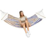 Casa si Gradina - Gradina si terasa - Balansoare si hamace - Balansoare - Hamac dublu cu bare din lemn, pentru 2 persoane, bumbac, 150kg, 200x150 cm, albastru si maro - Infinity.ro