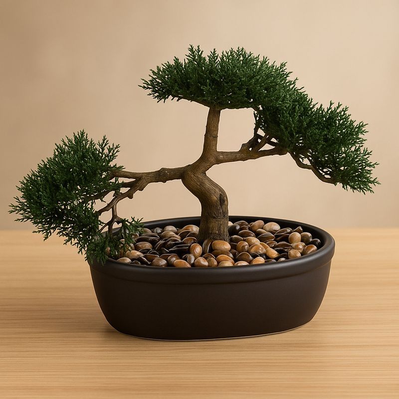 Casa si Gradina - Gradinarit si plante - Plante si ghivece - Ghivece si suporturi - Bonsai artificial Atmosphera in ghiveci ceramic cu pietricele decorative, 23 cm, verde - Infinity.ro