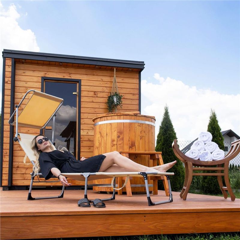 Casa si Gradina - Gradina si terasa - Balansoare si hamace - Balansoare - Sezlong pliabil cu parasolar, 188x57x38cm, sarcina 120kg, crem - Infinity.ro