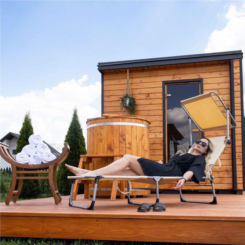 Casa si Gradina - Gradina si terasa - Balansoare si hamace - Balansoare - Sezlong pliabil cu parasolar, 188x57x38cm, sarcina 120kg, crem - Infinity.ro