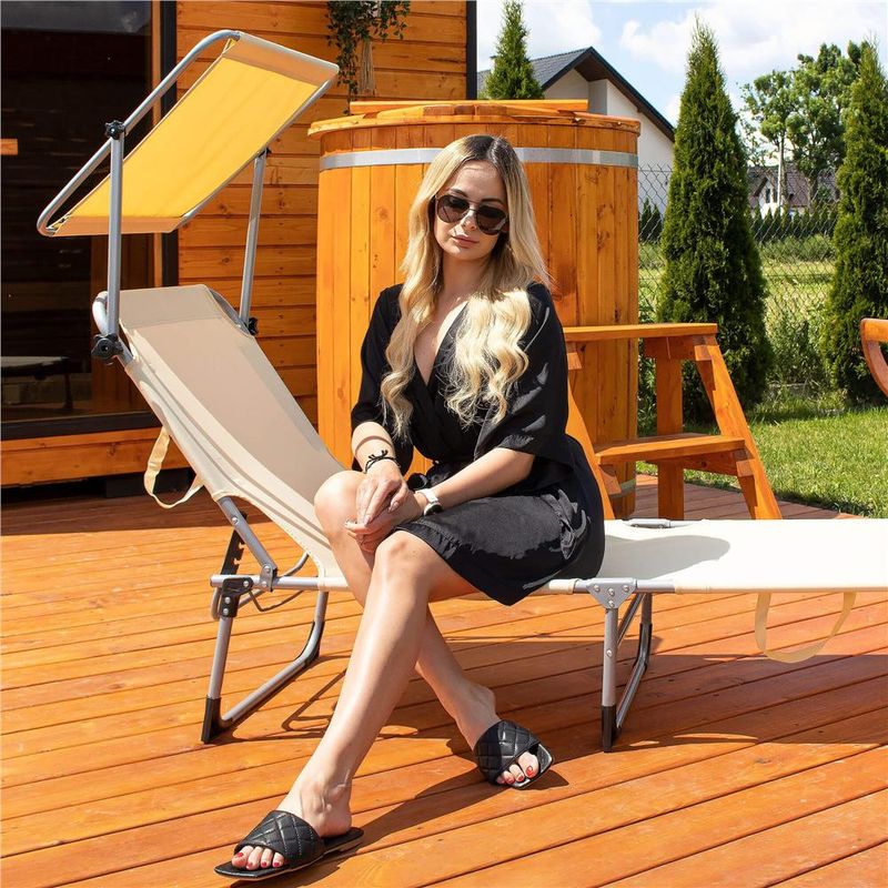 Casa si Gradina - Gradina si terasa - Balansoare si hamace - Balansoare - Sezlong pliabil cu parasolar, 188x57x38cm, sarcina 120kg, crem - Infinity.ro