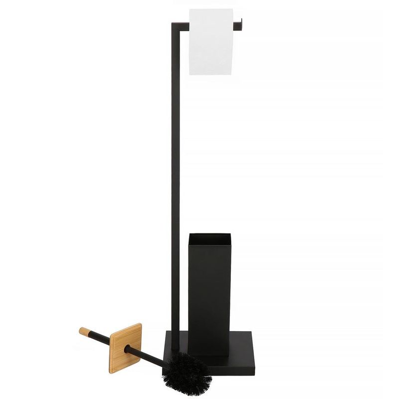 Casa si Gradina - Sanitare - Suporturi si accesorii baie - Accesorii baie - Stand cu perie WC si suport hartie igienica, metal si bambus, 79cm, negru - Infinity.ro