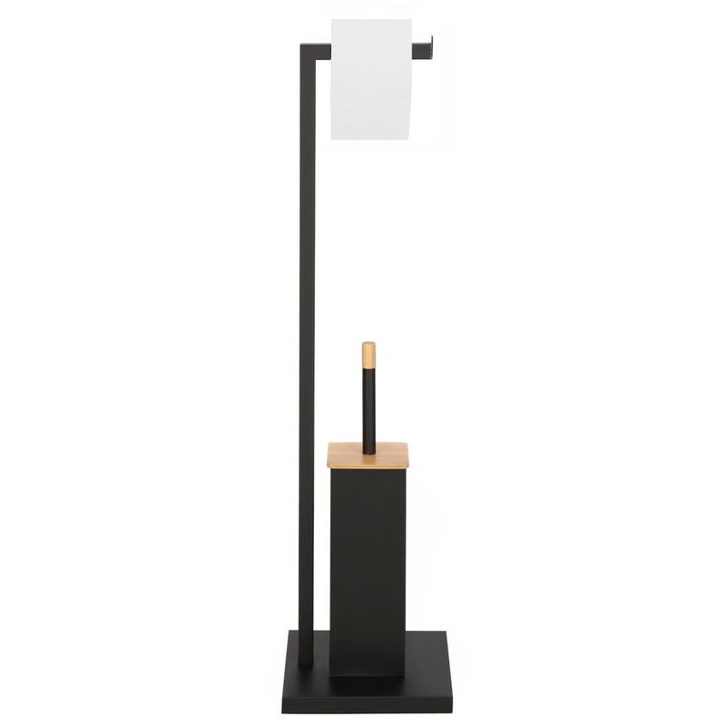 Casa si Gradina - Sanitare - Suporturi si accesorii baie - Accesorii baie - Stand cu perie WC si suport hartie igienica, metal si bambus, 79cm, negru - Infinity.ro