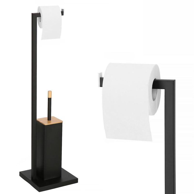 Casa si Gradina - Sanitare - Suporturi si accesorii baie - Accesorii baie - Stand cu perie WC si suport hartie igienica, metal si bambus, 79cm, negru - Infinity.ro