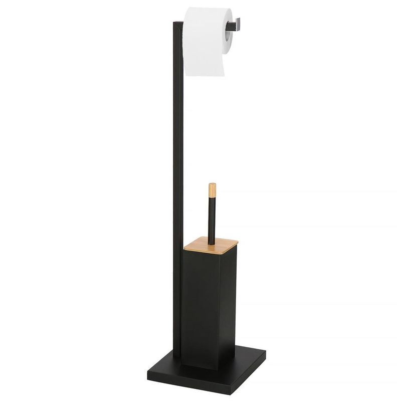 Casa si Gradina - Sanitare - Suporturi si accesorii baie - Accesorii baie - Stand cu perie WC si suport hartie igienica, metal si bambus, 79cm, negru - Infinity.ro