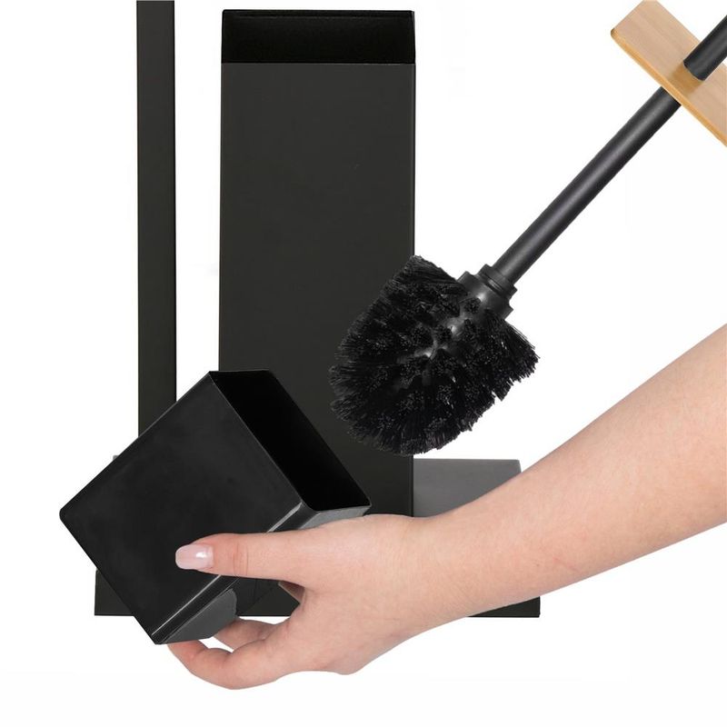 Casa si Gradina - Sanitare - Suporturi si accesorii baie - Accesorii baie - Stand cu perie WC si suport hartie igienica, metal si bambus, 79cm, negru - Infinity.ro
