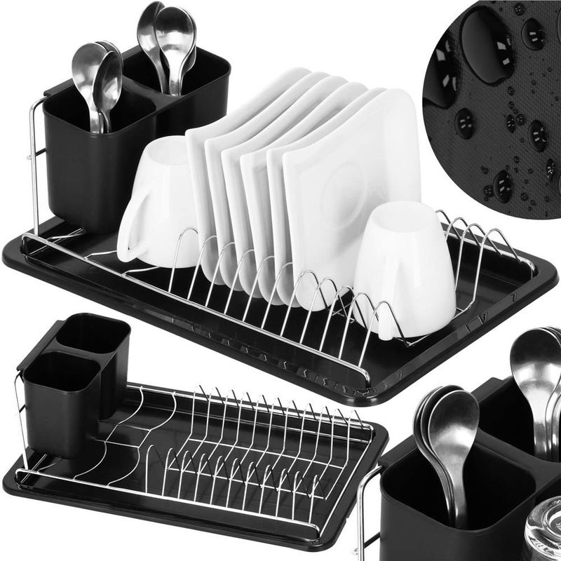 Casa si Gradina - Mobilier - Seturi de mobilier - Seturi bucatarie - Uscator de vase cu suport tacamuri, din otel cromat, cu tava de scurgere, 40x19x13cm, negru - Infinity.ro