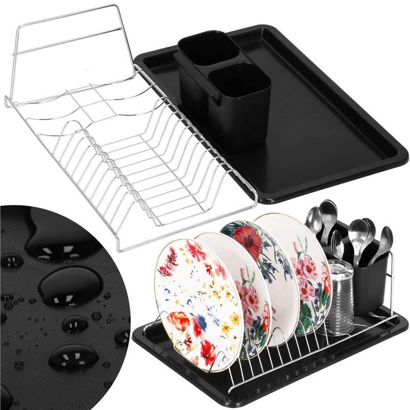 Casa si Gradina - Mobilier - Seturi de mobilier - Seturi bucatarie - Uscator de vase cu suport tacamuri, din otel cromat, cu tava de scurgere, 40x19x13cm, negru - Infinity.ro