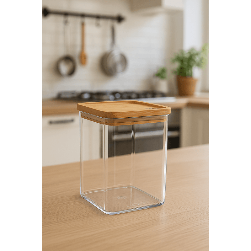 Casa si Gradina - Mobilier - Seturi de mobilier - Seturi bucatarie - Cutie depozitare 5Five Eske patrata 1L, capac bambus, PS transparent - Infinity.ro