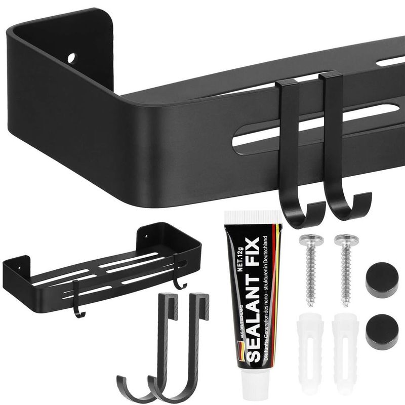 Casa si Gradina - Sanitare - Suporturi si accesorii baie - Accesorii baie - Raft de baie cu 2 agatatori, 2 sisteme instalare pe perete, aluminiu, 32x12x4cm, negru - Infinity.ro