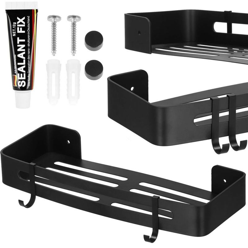 Casa si Gradina - Sanitare - Suporturi si accesorii baie - Accesorii baie - Raft de baie cu 2 agatatori, 2 sisteme instalare pe perete, aluminiu, 32x12x4cm, negru - Infinity.ro