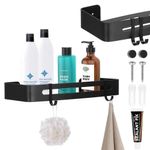 Casa si Gradina - Sanitare - Suporturi si accesorii baie - Accesorii baie - Raft de baie cu 2 agatatori, 2 sisteme instalare pe perete, aluminiu, 32x12x4cm, negru - Infinity.ro