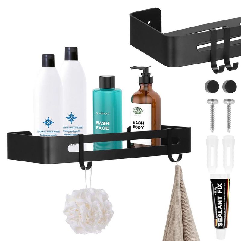 Casa si Gradina - Sanitare - Suporturi si accesorii baie - Accesorii baie - Raft de baie cu 2 agatatori, 2 sisteme instalare pe perete, aluminiu, 32x12x4cm, negru - Infinity.ro