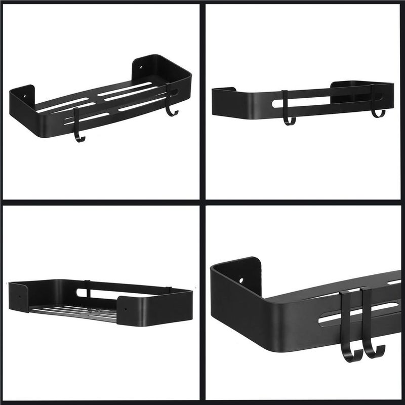 Casa si Gradina - Sanitare - Suporturi si accesorii baie - Accesorii baie - Raft de baie cu 2 agatatori, 2 sisteme instalare pe perete, aluminiu, 32x12x4cm, negru - Infinity.ro