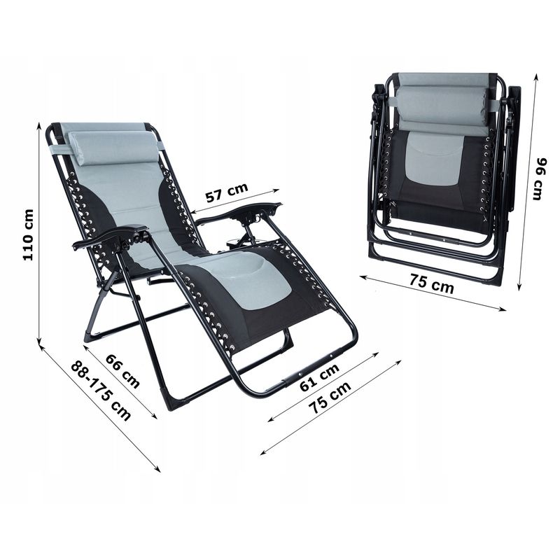 Casa si Gradina - Gradina si terasa - Balansoare si hamace - Balansoare - Sezlong scaun pliant plaja sau gradina, Siesta, gravitatie zero, cu tetiera, 175x75x110 cm, negri gri - Infinity.ro