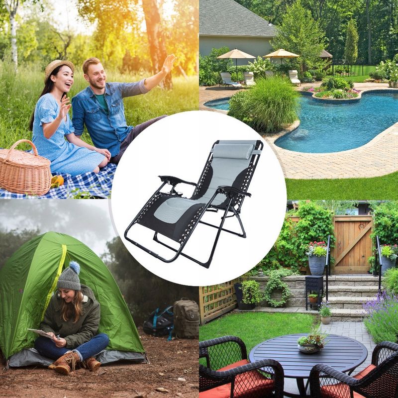 Casa si Gradina - Gradina si terasa - Balansoare si hamace - Balansoare - Sezlong scaun pliant plaja sau gradina, Siesta, gravitatie zero, cu tetiera, 175x75x110 cm, negri gri - Infinity.ro