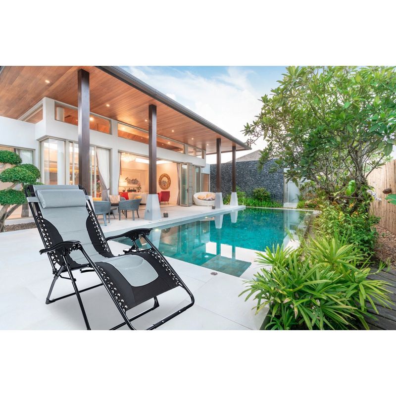 Casa si Gradina - Gradina si terasa - Balansoare si hamace - Balansoare - Sezlong scaun pliant plaja sau gradina, Siesta, gravitatie zero, cu tetiera, 175x75x110 cm, negri gri - Infinity.ro