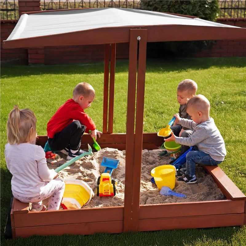 Petshop - Accesorii petshop - Jucarii animale - Jucarii educative - Lada nisip din lemn cu acoperis reglabil, 140x140x121 cm, maro - Infinity.ro