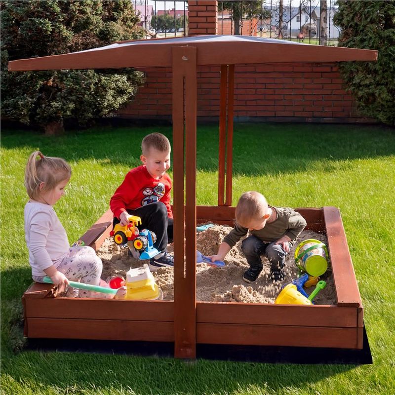 Petshop - Accesorii petshop - Jucarii animale - Jucarii educative - Lada nisip din lemn cu acoperis reglabil, 140x140x121 cm, maro - Infinity.ro