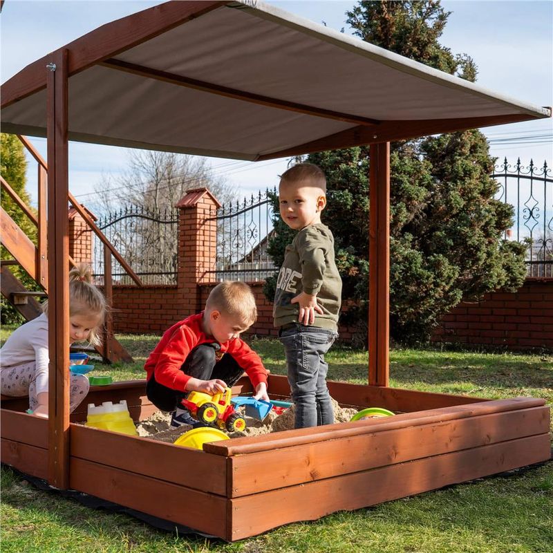 Petshop - Accesorii petshop - Jucarii animale - Jucarii educative - Lada nisip din lemn cu acoperis reglabil, 140x140x121 cm, maro - Infinity.ro