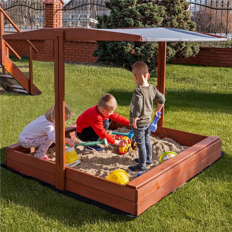Petshop - Accesorii petshop - Jucarii animale - Jucarii educative - Lada nisip din lemn cu acoperis reglabil, 140x140x121 cm, maro - Infinity.ro