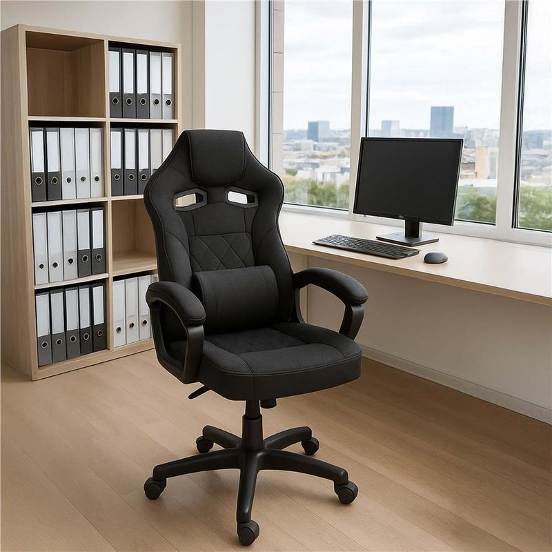 Casa si Gradina - Mobilier - Scaune si fotolii - Scaune - Scaun de birou ergonomic cu reglaj pe inaltime, functie de balans si perna lombara, 59x52x125 cm, negru - Infinity.ro