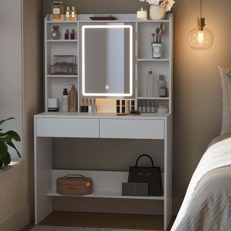 Casa si Gradina - Mobilier - Comode si corpuri - Masute de toaleta - Masa de toaleta cu oglinda, iluminare LED reglabila, 2 sertare, 90x40x145cm, alb - Infinity.ro