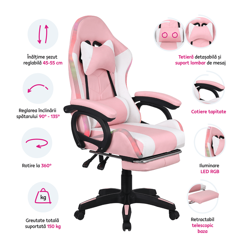 Casa si Gradina - Mobilier - Scaune si fotolii - Scaune - Scaun de birou/joc cu iluminare LED RGB, roz/alb, JOVELA - Infinity.ro
