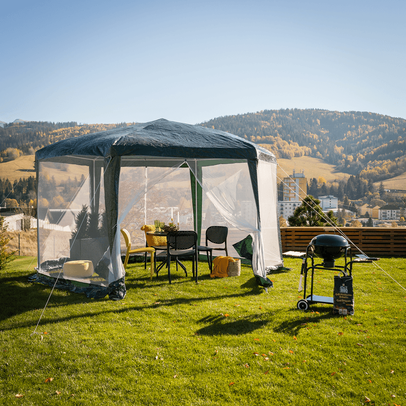 Casa si Gradina - Gradina si terasa - Umbrele si pavilioane - Pavilioane - Pavilion cort pentru gradina, 3,9x2,5x3,9m, verde / alb, RINGE TIP 1 6 laturi - Infinity.ro