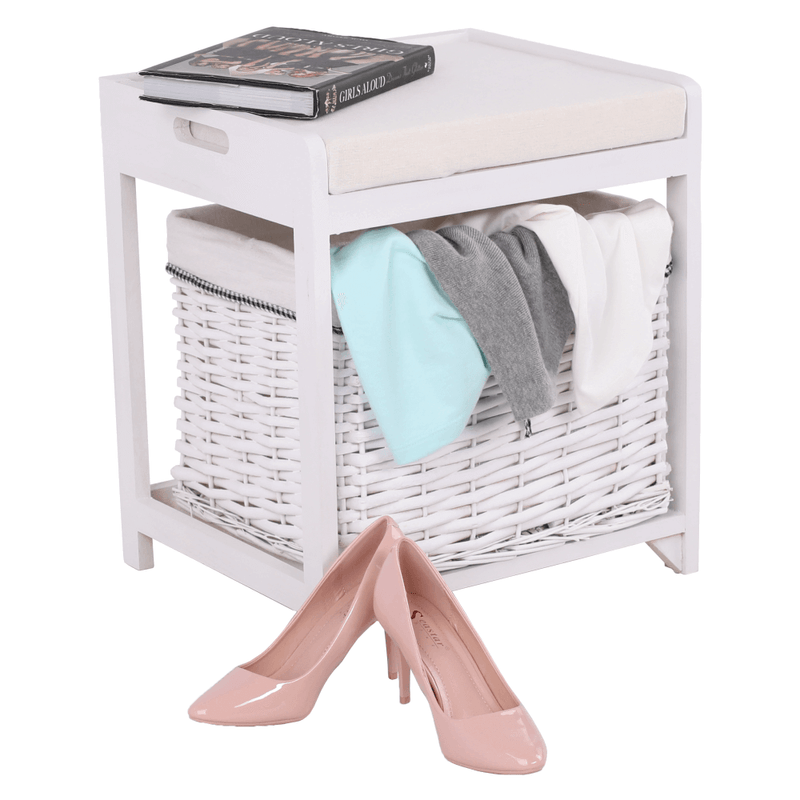 Casa si Gradina - Mobilier - Organizare si depozitare - Bancute - Bancuta cu cos de rachita si perna, alb antichizat, RUBY1 - Infinity.ro