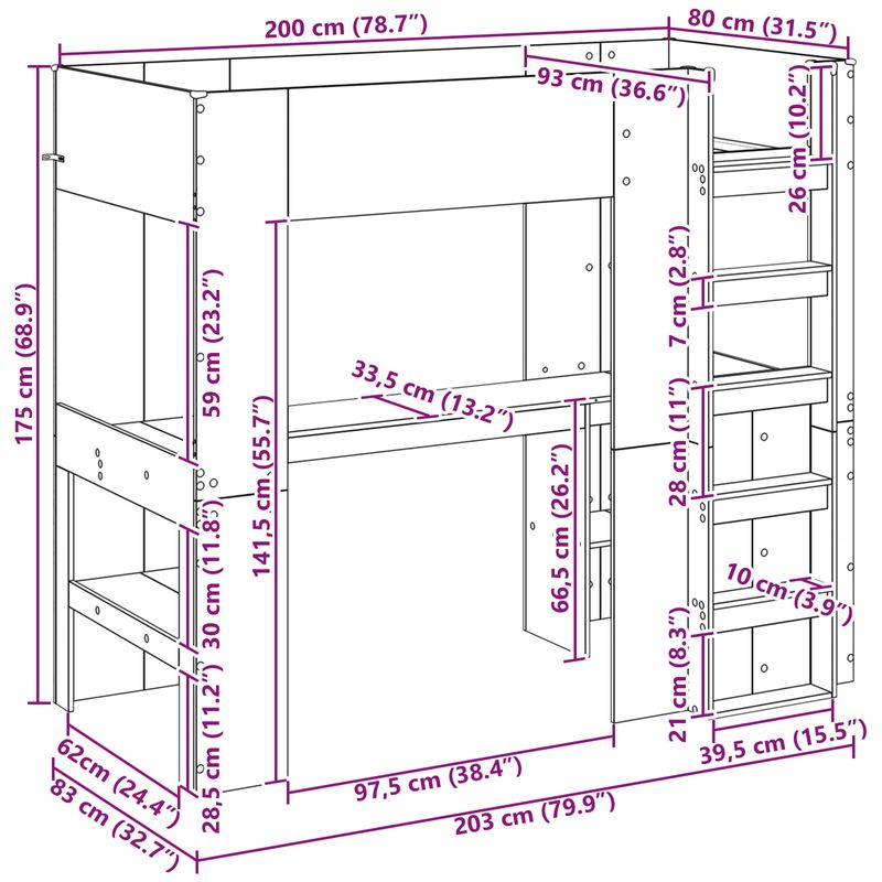 Casa si Gradina - Mobilier - Paturi si accesorii - Paturi - Cadru de pat supraetajat cu birou Gri Sonoma 80 x 200 cm - Infinity.ro