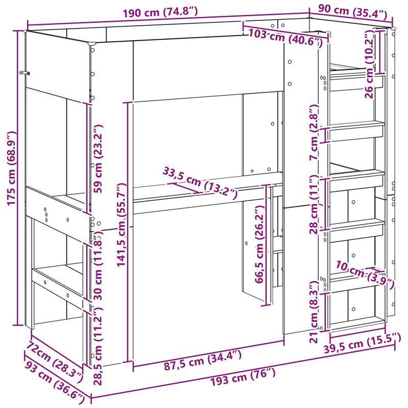 Casa si Gradina - Mobilier - Paturi si accesorii - Paturi - Cadru de pat supraetajat cu birou Stejar Sonoma 90 x 190 cm - Infinity.ro
