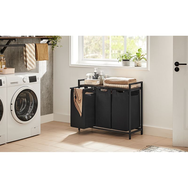 Market - Spalare si intretinere rufe - Uscatoare de rufe si accesorii - Cos de rufe, 3 compartimente, saci de rufe detasabili, raft, cadru metalic, 3x38L, 93x33x72 cm, maro rustic si negru - Infinity.ro