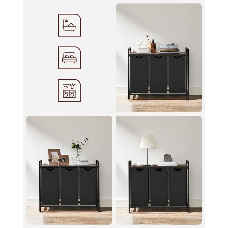 Market - Spalare si intretinere rufe - Uscatoare de rufe si accesorii - Cos de rufe, 3 compartimente, saci de rufe detasabili, raft, cadru metalic, 3x38L, 93x33x72 cm, maro rustic si negru - Infinity.ro