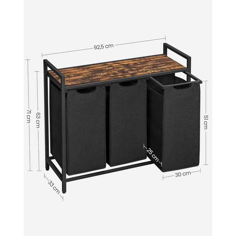 Market - Spalare si intretinere rufe - Uscatoare de rufe si accesorii - Cos de rufe, 3 compartimente, saci de rufe detasabili, raft, cadru metalic, 3x38L, 93x33x72 cm, maro rustic si negru - Infinity.ro