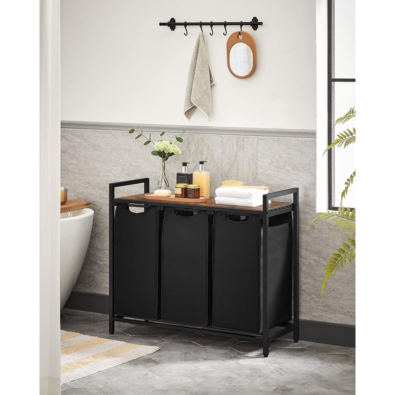 Market - Spalare si intretinere rufe - Uscatoare de rufe si accesorii - Cos de rufe, 3 compartimente, saci de rufe detasabili, raft, cadru metalic, 3x38L, 93x33x72 cm, maro rustic si negru - Infinity.ro