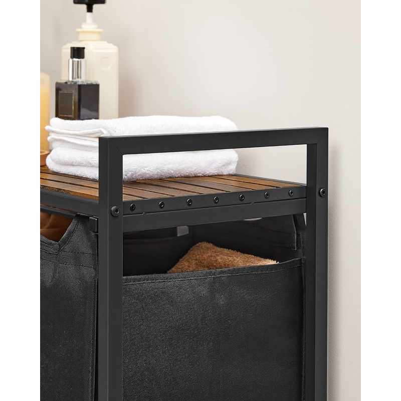 Market - Spalare si intretinere rufe - Uscatoare de rufe si accesorii - Cos de rufe, 3 compartimente, saci de rufe detasabili, raft, cadru metalic, 3x38L, 93x33x72 cm, maro rustic si negru - Infinity.ro