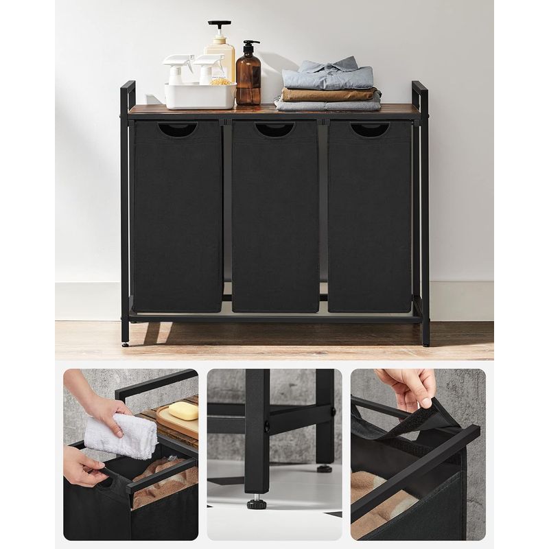 Market - Spalare si intretinere rufe - Uscatoare de rufe si accesorii - Cos de rufe, 3 compartimente, saci de rufe detasabili, raft, cadru metalic, 3x38L, 93x33x72 cm, maro rustic si negru - Infinity.ro