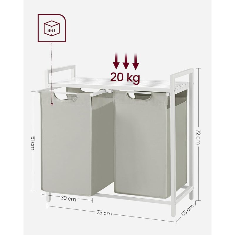Market - Spalare si intretinere rufe - Uscatoare de rufe si accesorii - Cos de rufe, 2 compartimente, saci de rufe detasabili, raft, cadru metalic, 2x46L, 73x33x72 cm, alb - Infinity.ro