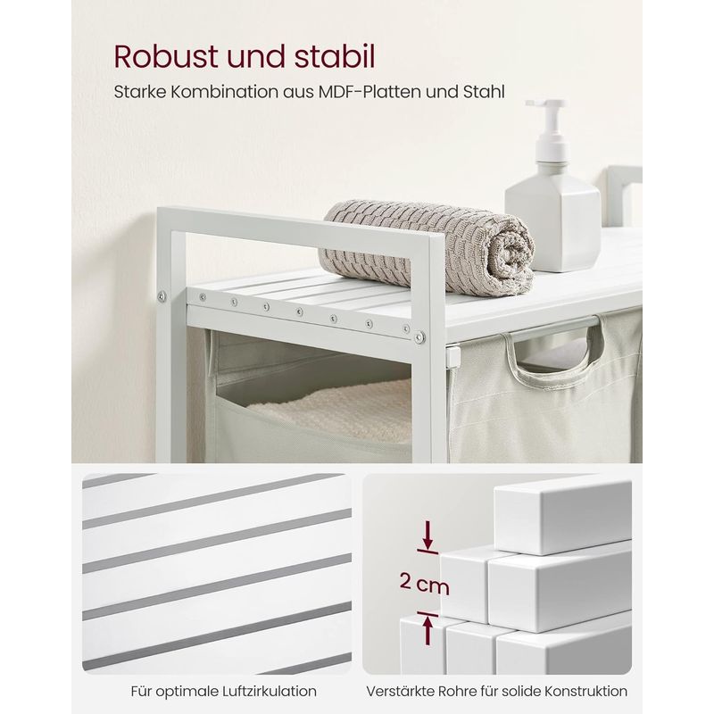 Market - Spalare si intretinere rufe - Uscatoare de rufe si accesorii - Cos de rufe, 2 compartimente, saci de rufe detasabili, raft, cadru metalic, 2x46L, 73x33x72 cm, alb - Infinity.ro